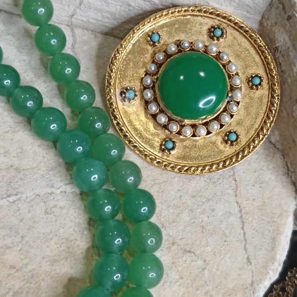 Vintage Green Aventurine Jewelry Set pearl turquoise Necklace Earrings Brooch - Picture 7 of 11